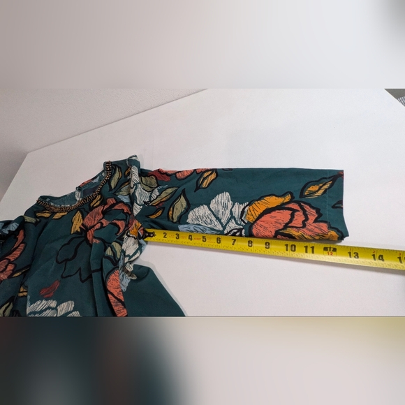 Maeve Anthropologie Mini Dress Green Peonies 3/4 Sleeve Small Beaded Neck Sz PS - Picture 12 of 14